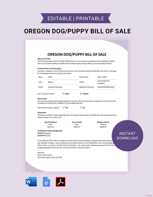 Oregon Dog / Puppy Bill of Sale Template