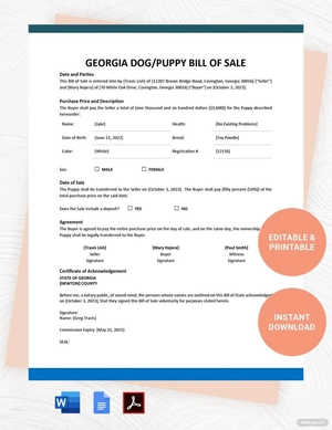 Georgia Dog / Puppy Bill of Sale Template