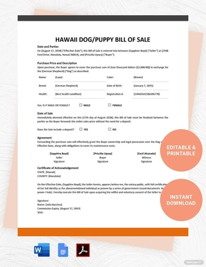 Hawaii Dog / Puppy Bill of Sale Template