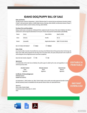 Idaho Dog / Puppy Bill of Sale Template