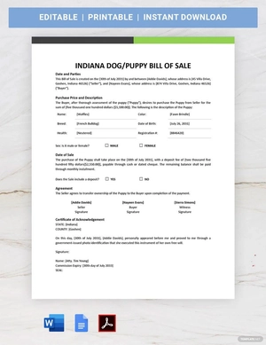 Indiana Dog / Puppy Bill of Sale Form Template