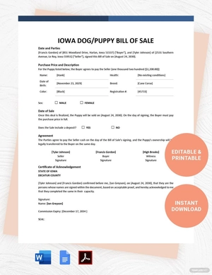 Iowa Dog / Puppy Bill of Sale Template