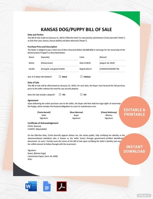 Kansas Dog / Puppy Bill of Sale Template