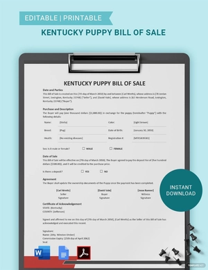 Kentucky Dog / Puppy Bill of Sale Form Template