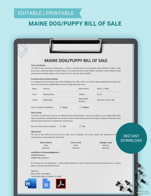 Maine Dog / Puppy Bill of Sale Template