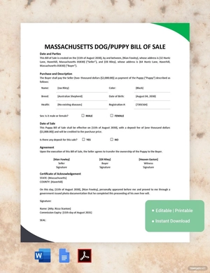 Massachusetts Dog / Puppy Bill of Sale Template