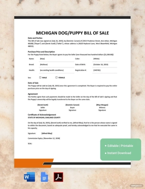 Michigan Dog / Puppy Bill of Sale Template