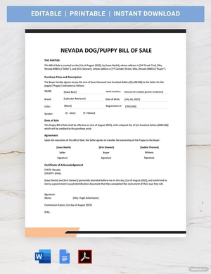 Nevada Dog/Puppy Bill of Sale Template