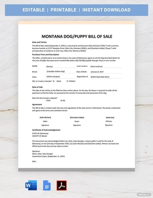 Montana Dog / Puppy Bill Of Sale Template