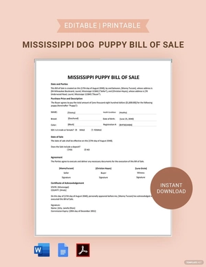 Mississippi Dog  Puppy / Bill of Sale Template