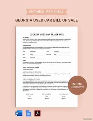 Georgia Used Car Bill of Sale Template Georgia Used Car Bill of Sale Template