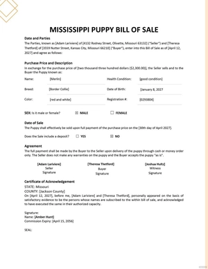 Missouri Dog / Puppy Bill of Sale Template