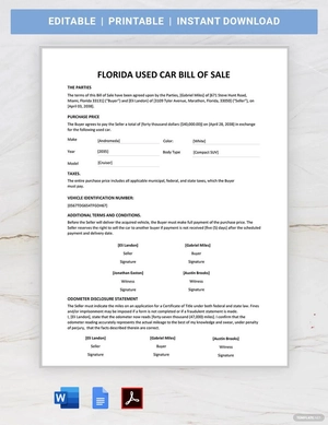 Florida Used Car Bill of Sale Template Florida Used Car Bill of Sale Template
