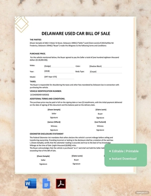 Delaware  Used Car Bill of Sale Template Delaware  Used Car Bill of Sale Template