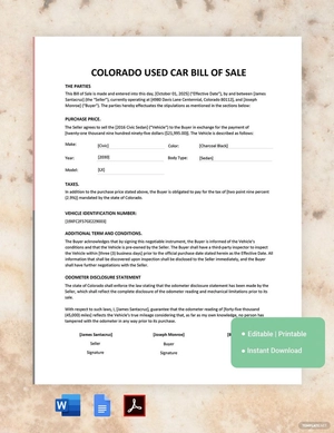 Colorado Used Car Bill of Sale Template Colorado Used Car Bill of Sale Template