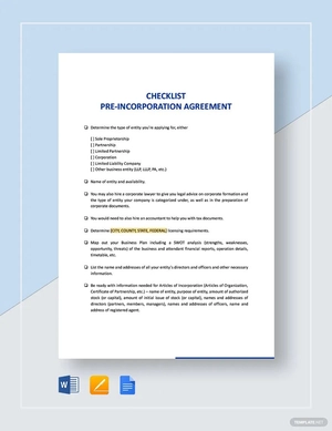 Checklist Pre-Incorporation Agreement Template