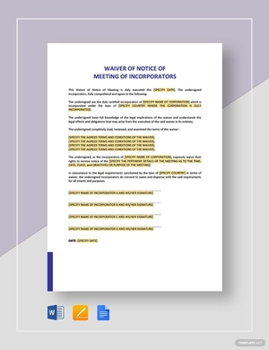 Waiver of Notice Meeting of Incorporators Template