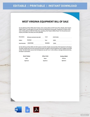 West Virginia Equipment Bill of Sale Template
