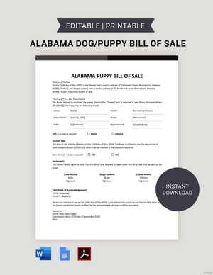 Alabama Dog / Puppy Bill of Sale Template