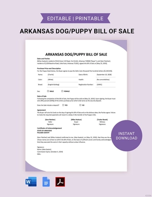 Arkansas Dog / Puppy Bill of Sale Template