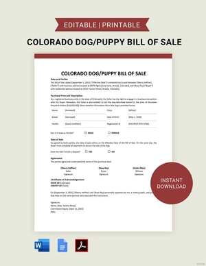 Colorado Dog / Puppy Bill of Sale Template