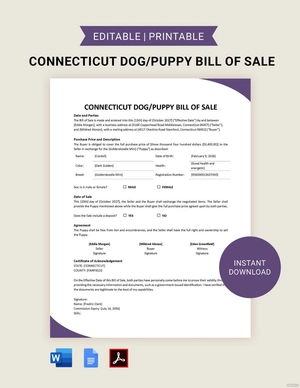 Connecticut Dog / Puppy Bill of Sale Template