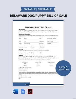 Delaware Dog / Puppy Bill of Sale Template