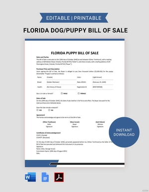 Florida Dog / Puppy Bill of Sale Form Template