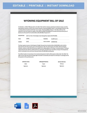 Wyoming Equipment Bill of Sale Template
