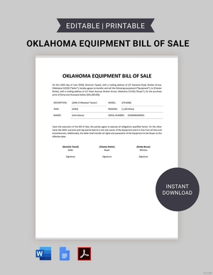 Oklahoma Equipment Bill of Sale Template