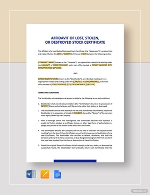 Affidavit of Lost, Stolen or Destroyed Stock Certificate Template