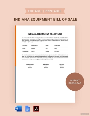 Indiana Equipment Bill of Sale Template