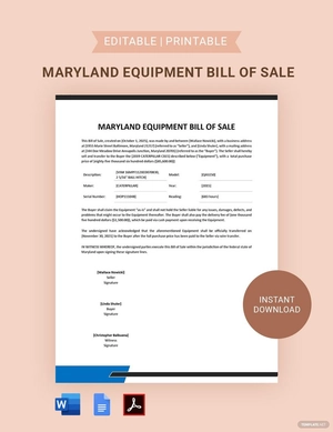 Maryland Equipment Bill of Sale Template