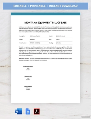 Montana Equipment Bill of Sale Template