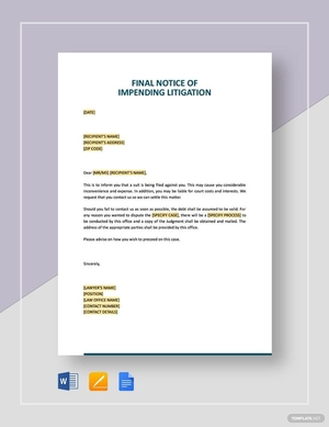 Final Notice of Impending Litigation Template