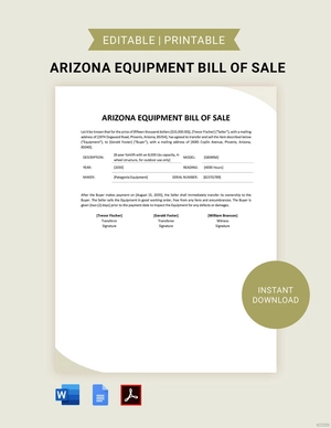 Arizona Equipment Bill of Sale Template