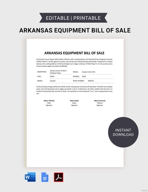 Arkansas Equipment Bill of Sale Template