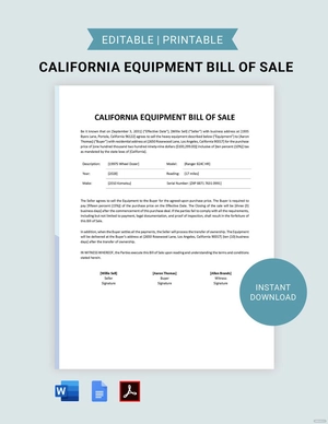 California Equipment Bill of Sale Template
