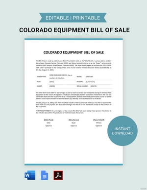Colorado Equipment Bill of Sale Form Template
