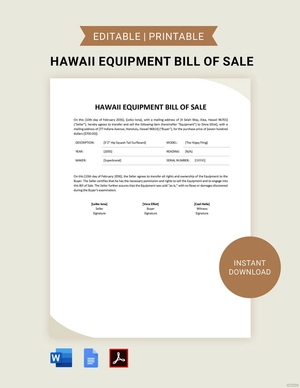 Hawaii Equipment Bill of Sale Template