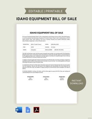 Idaho Equipment Bill of Sale Template