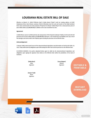 Louisiana Real Estate Bill of Sale Form Template