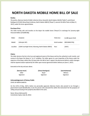 North Dakota Mobile Home Bill Of Sale Template
