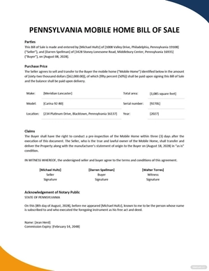 Pennsylvania Mobile Home Bill Of Sale Template