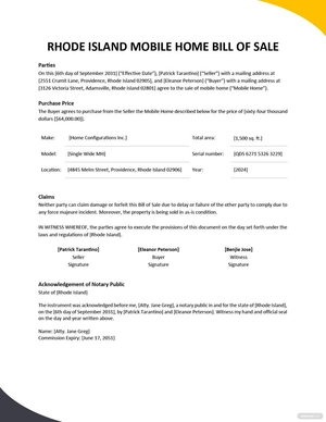 Rhode Island Mobile Home Bill Of Sale Template