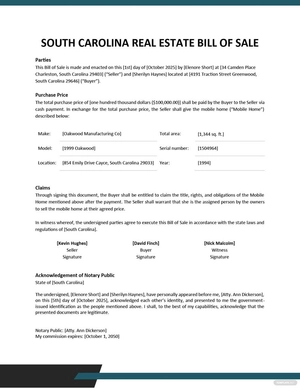 South Carolina Mobile Home Bill Of Sale Template