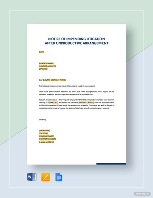 Notice of Impending Litigation After Unproductive Arrangement Template Notice of Impending Litigation After Unproductive Arrangement Template