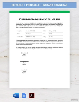 South Dakota Equipment Bill of Sale Template