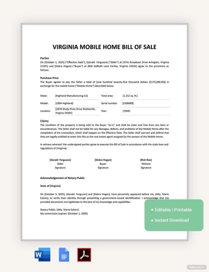 Virginia Mobile Home Bill Of Sale Template