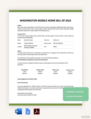 Washington Mobile Home Bill Of Sale Template
